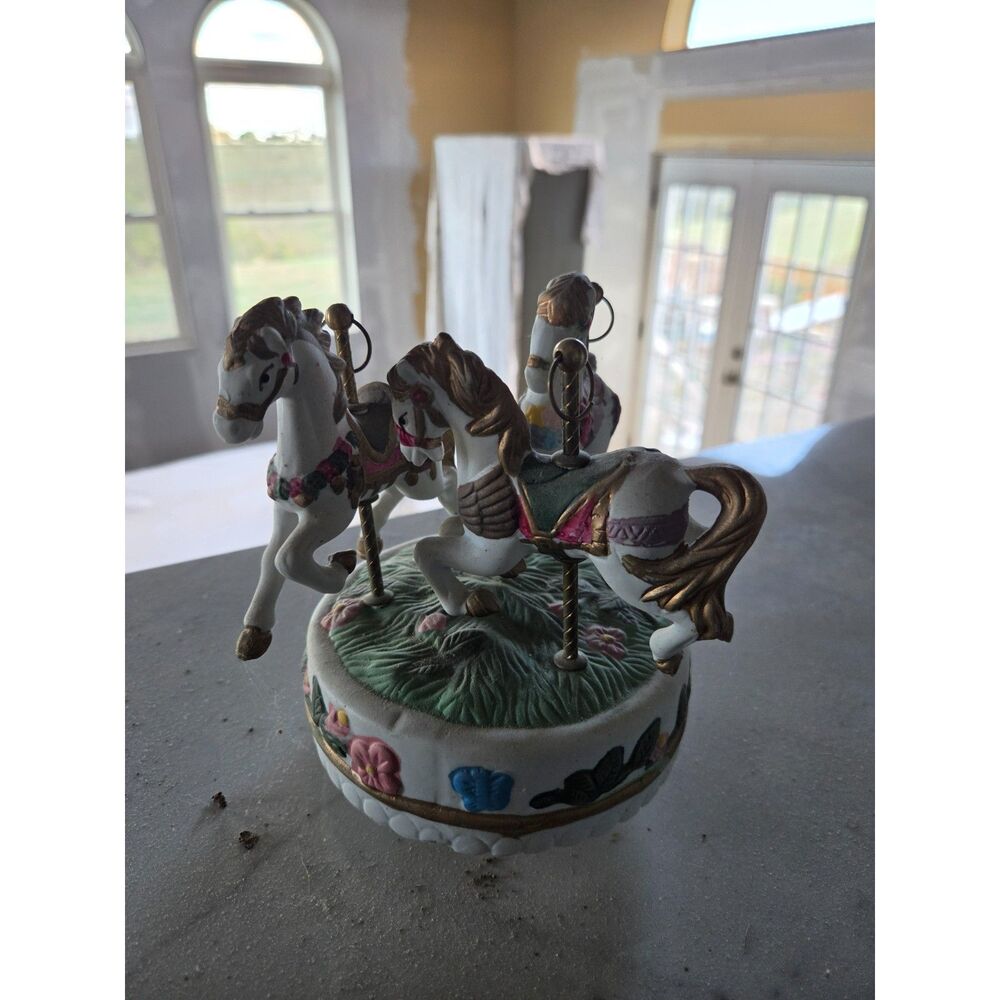Vintage Ceramic Carousel Musical Figurine with Three Horses and Floral Base